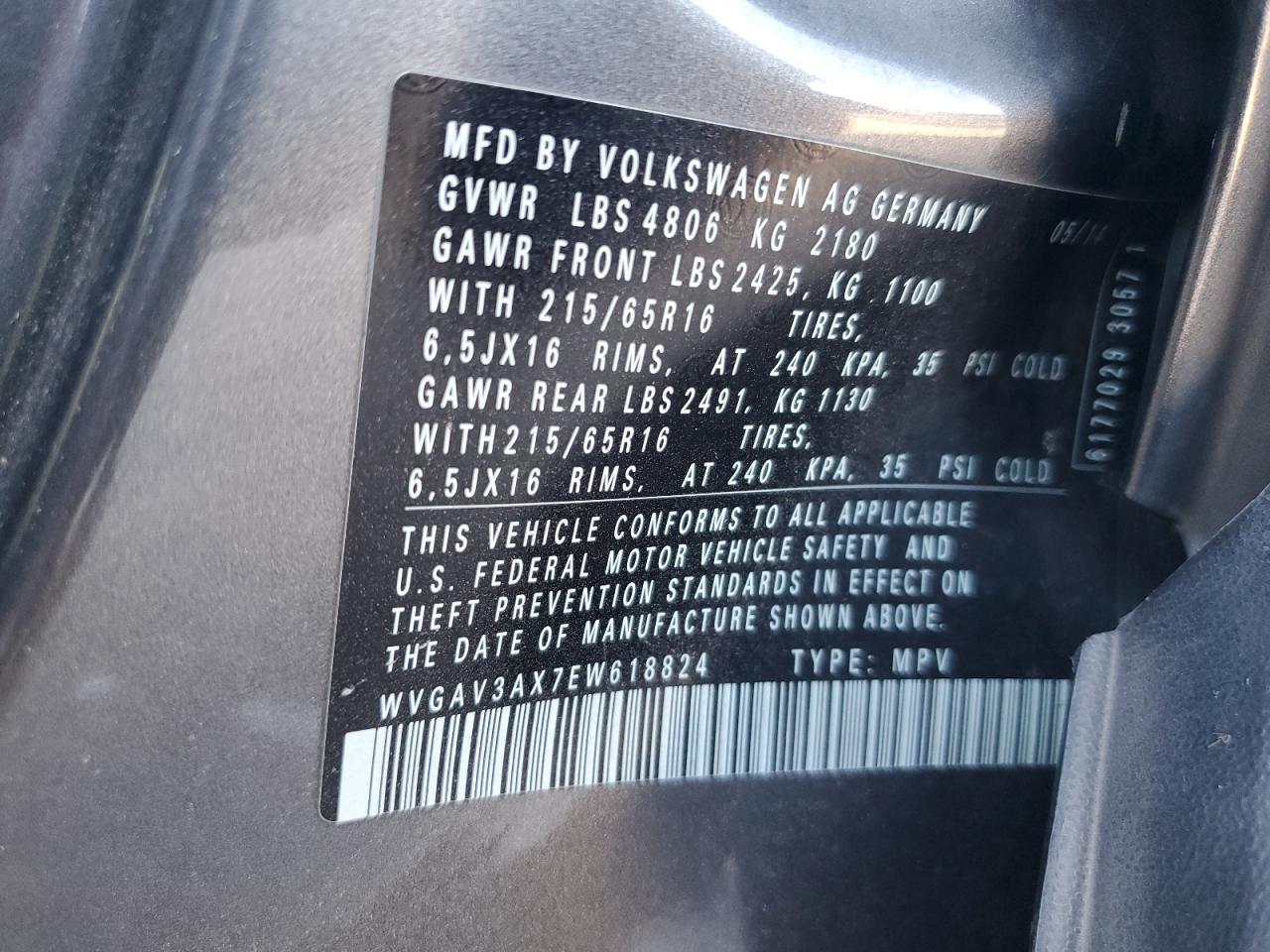 2014 Volkswagen Tiguan S VIN: WVGAV3AX7EW618824 Lot: 85370485