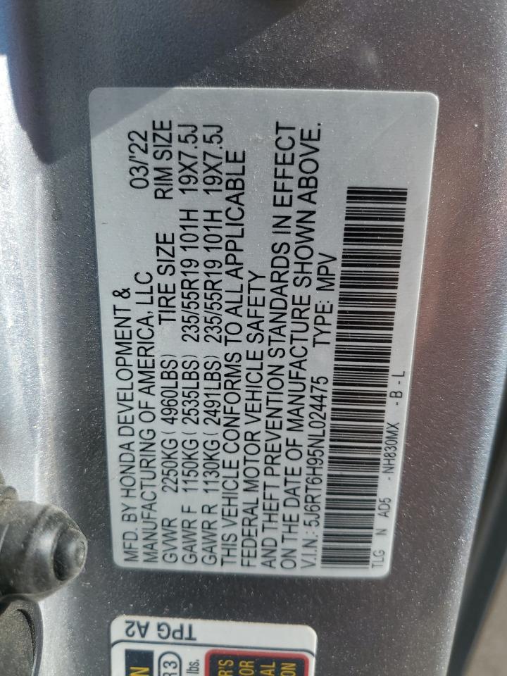 2022 Honda Cr-V Touring VIN: 5J6RT6H95NL024475 Lot: 82722945