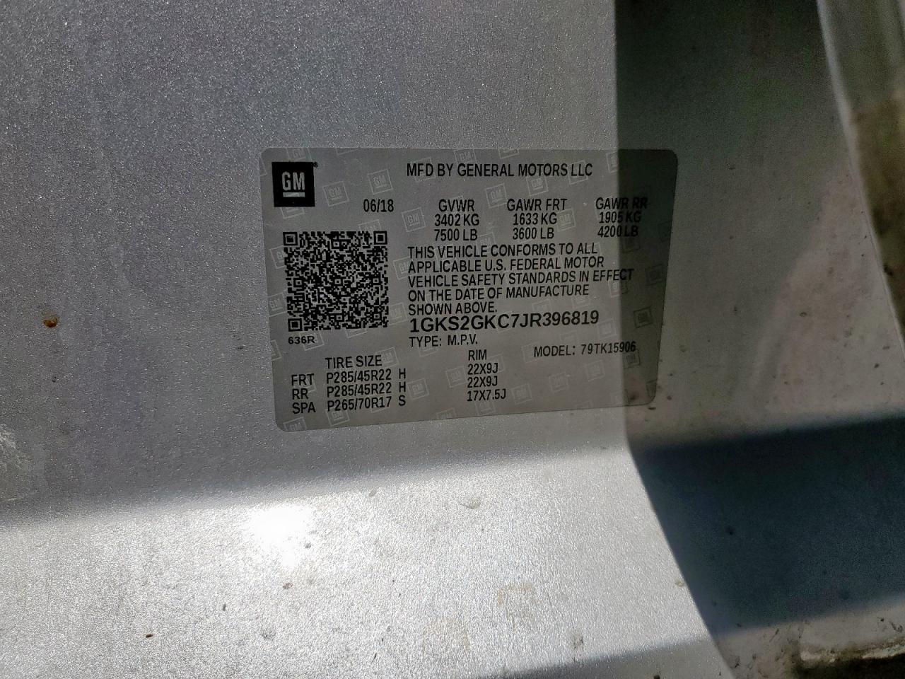 2018 GMC Yukon Xl K1500 Slt VIN: 1GKS2GKC7JR396819 Lot: 82204505