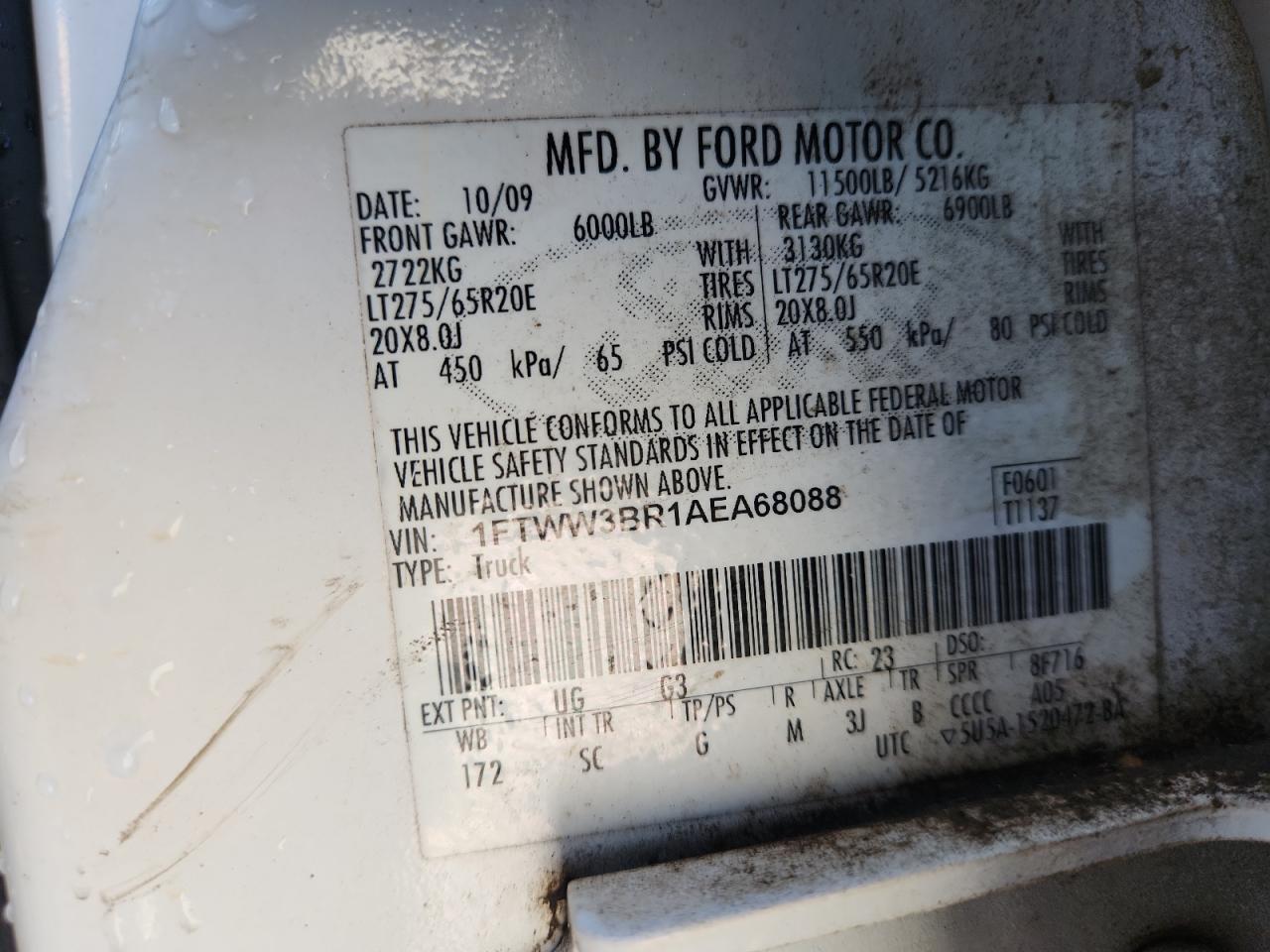 2010 Ford F350 Super Duty VIN: 1FTWW3BR1AEA68088 Lot: 86277465