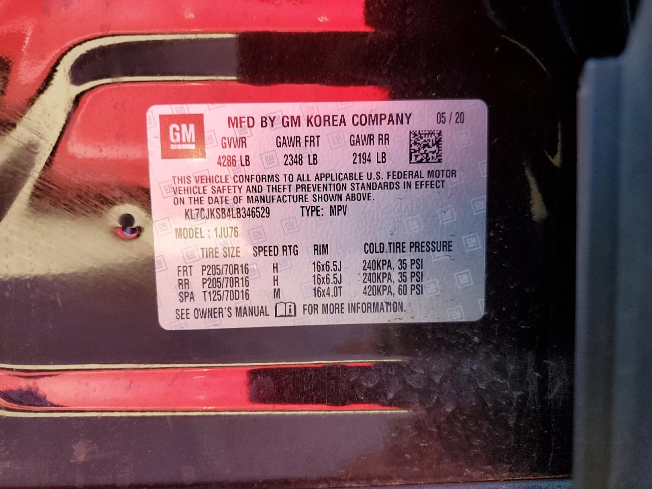 2020 Chevrolet Trax Ls VIN: KL7CJKSB4LB346529 Lot: 86145335