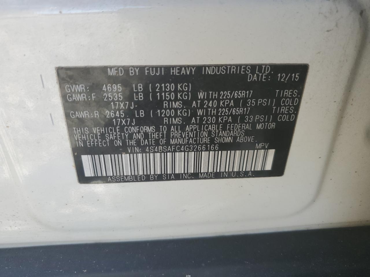 2016 Subaru Outback 2.5I Premium VIN: 4S4BSAFC4G3266166 Lot: 84754405