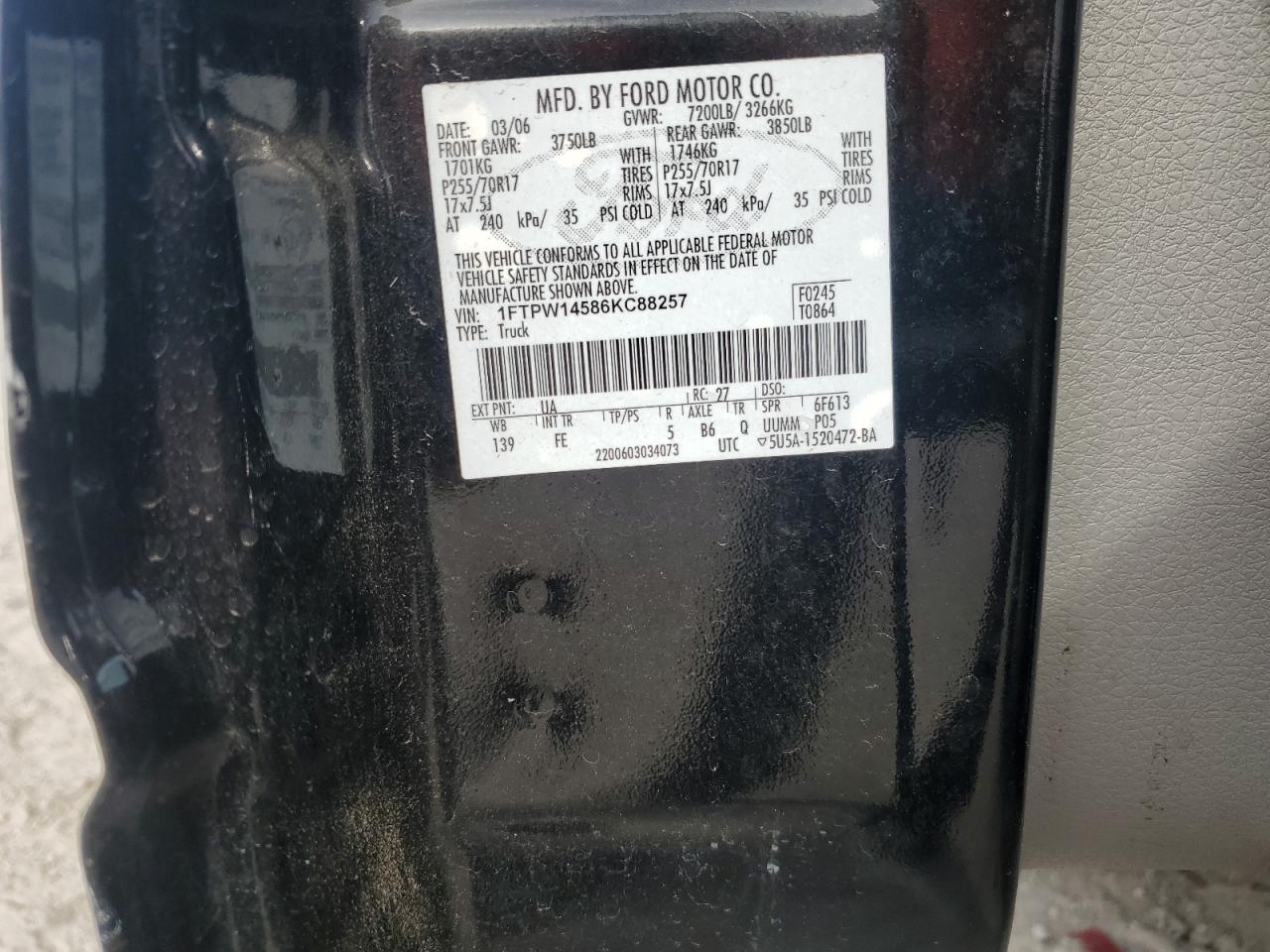 2006 Ford F150 Supercrew VIN: 1FTPW14586KC88257 Lot: 85707665