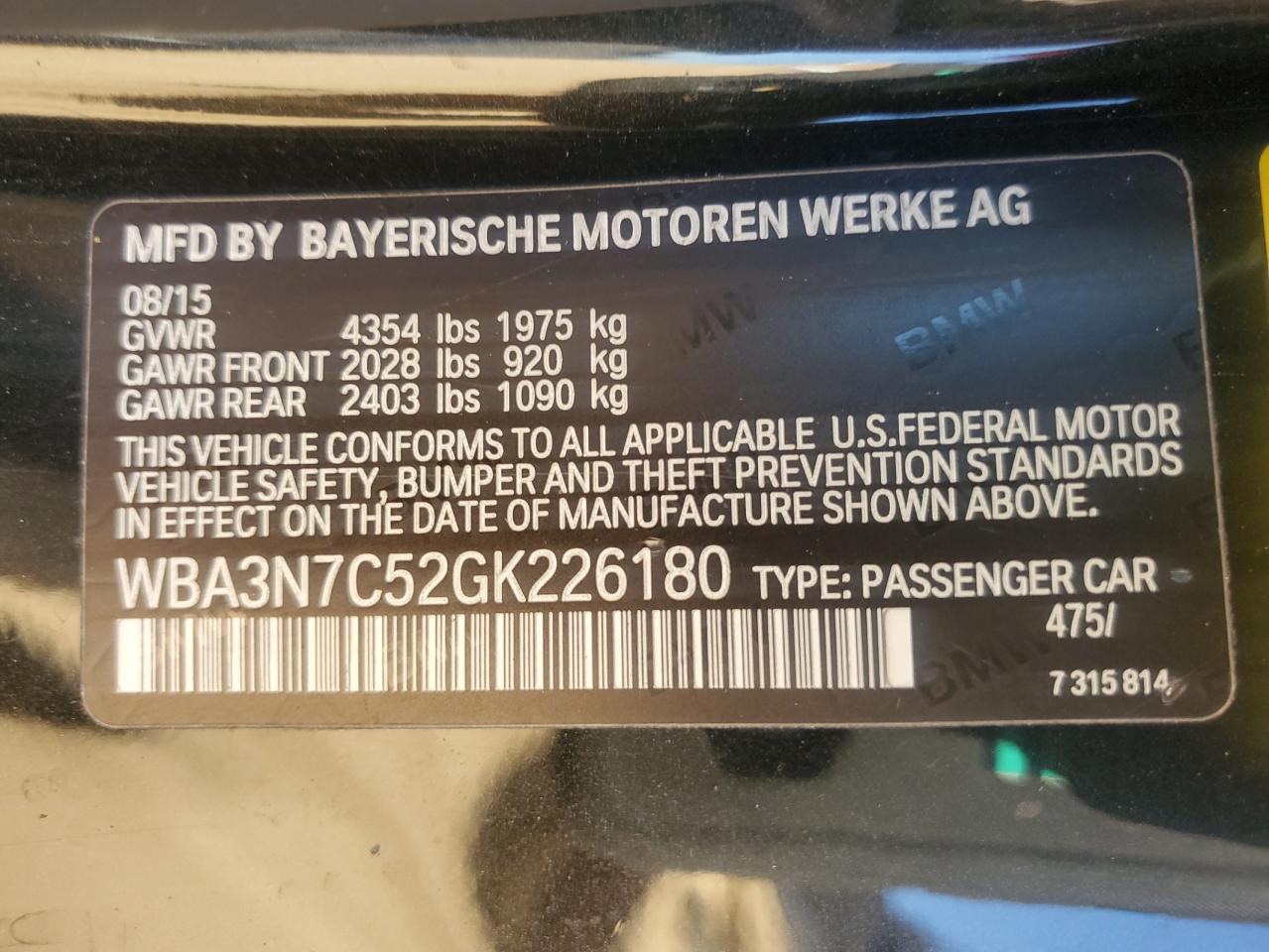 2016 BMW 428 I VIN: WBA3N7C52GK226180 Lot: 81838055