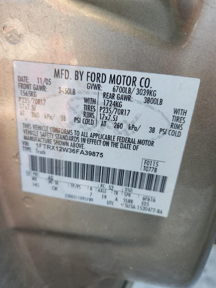 2006 Ford F150 VIN: 1FTRX12W36FA39875 Lot: 81894085