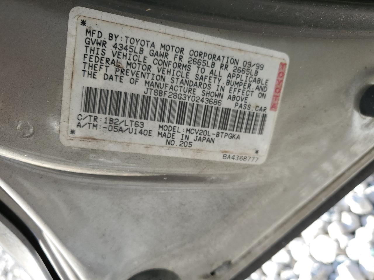 2000 Lexus Es 300 VIN: JT8BF28G3Y0243686 Lot: 86432915