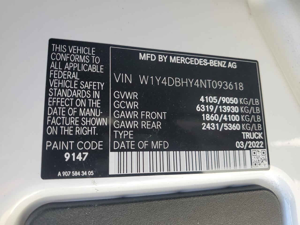 2022 Mercedes-Benz Sprinter 2500 VIN: W1Y4DBHY4NT093618 Lot: 84580045