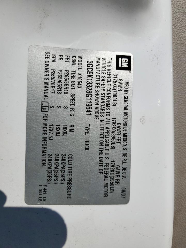 2008 Chevrolet Silverado K1500 VIN: 3GCEK13328G119641 Lot: 85547415