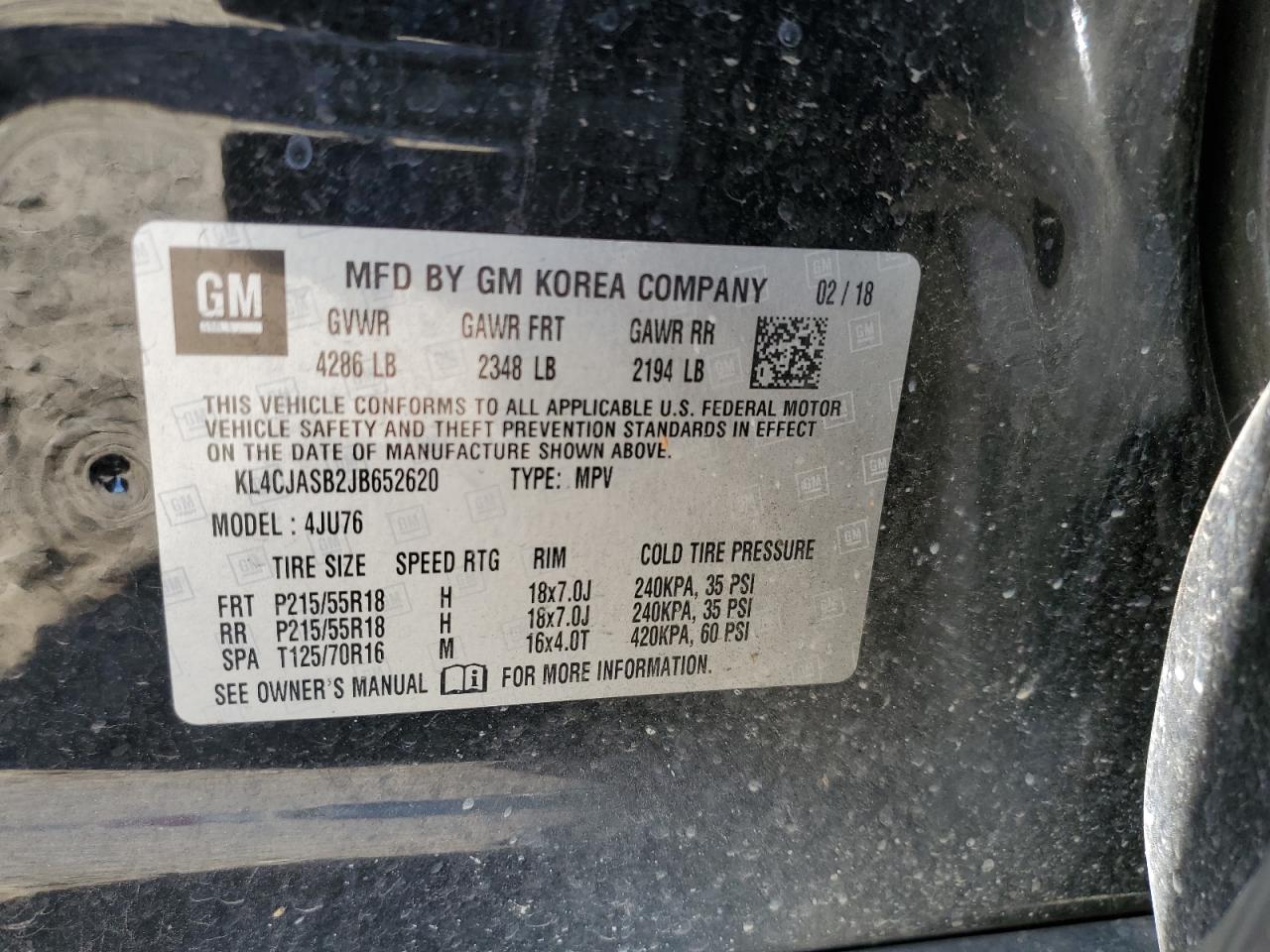 2018 Buick Encore Preferred VIN: KL4CJASB2JB652620 Lot: 87452855