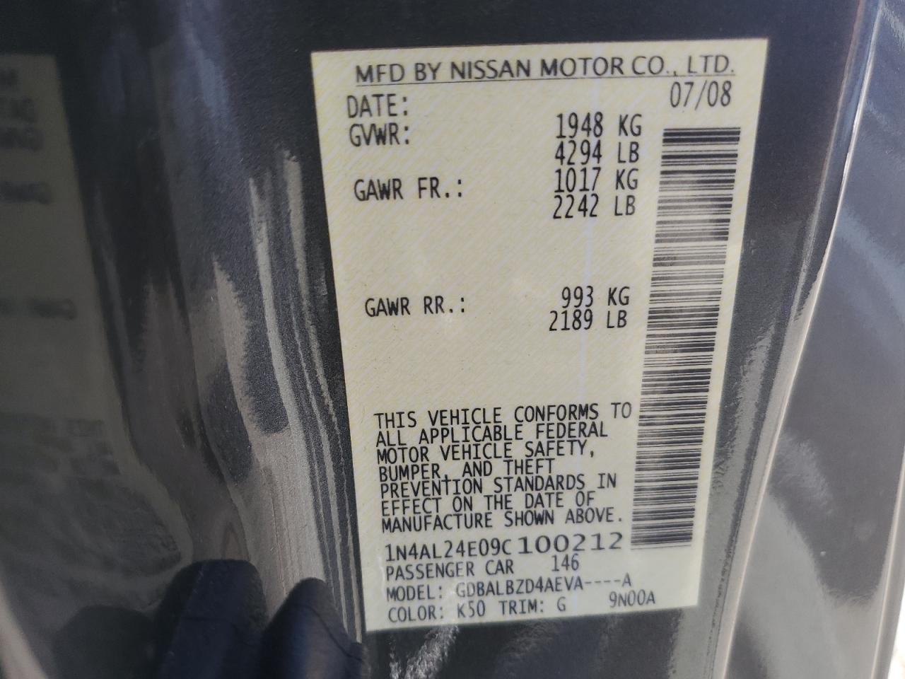 2009 Nissan Altima 2.5S VIN: 1N4AL24E09C100212 Lot: 86169285