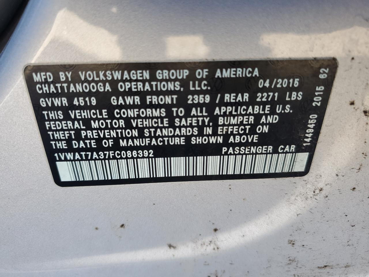 2015 Volkswagen Passat S VIN: 1VWAT7A37FC086392 Lot: 87028585