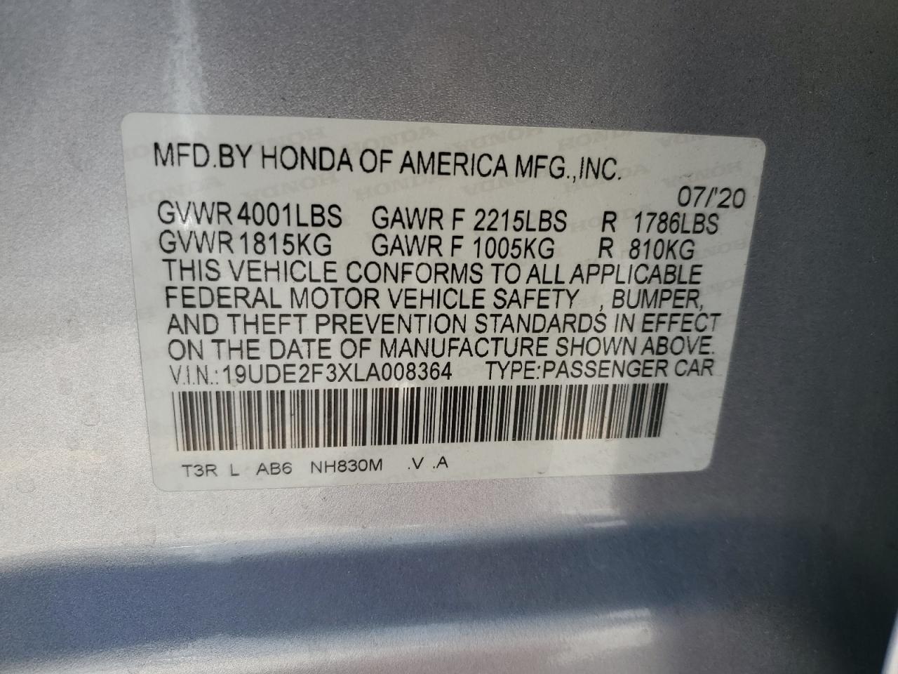 2020 Acura Ilx VIN: 19UDE2F3XLA008364 Lot: 87487235