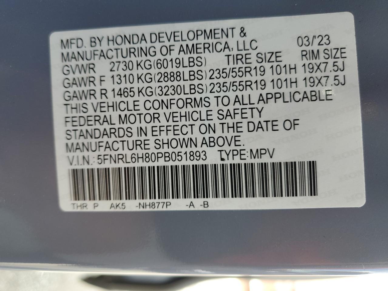 2023 Honda Odyssey Touring VIN: 5FNRL6H80PB051893 Lot: 86504005