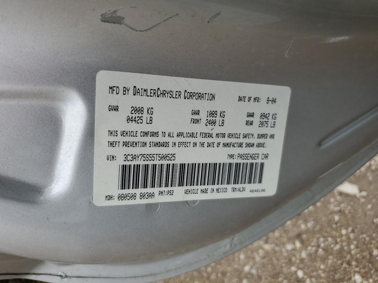 2005 Chrysler Pt Cruiser Gt VIN: 3C3AY75S55T500525 Lot: 85557455