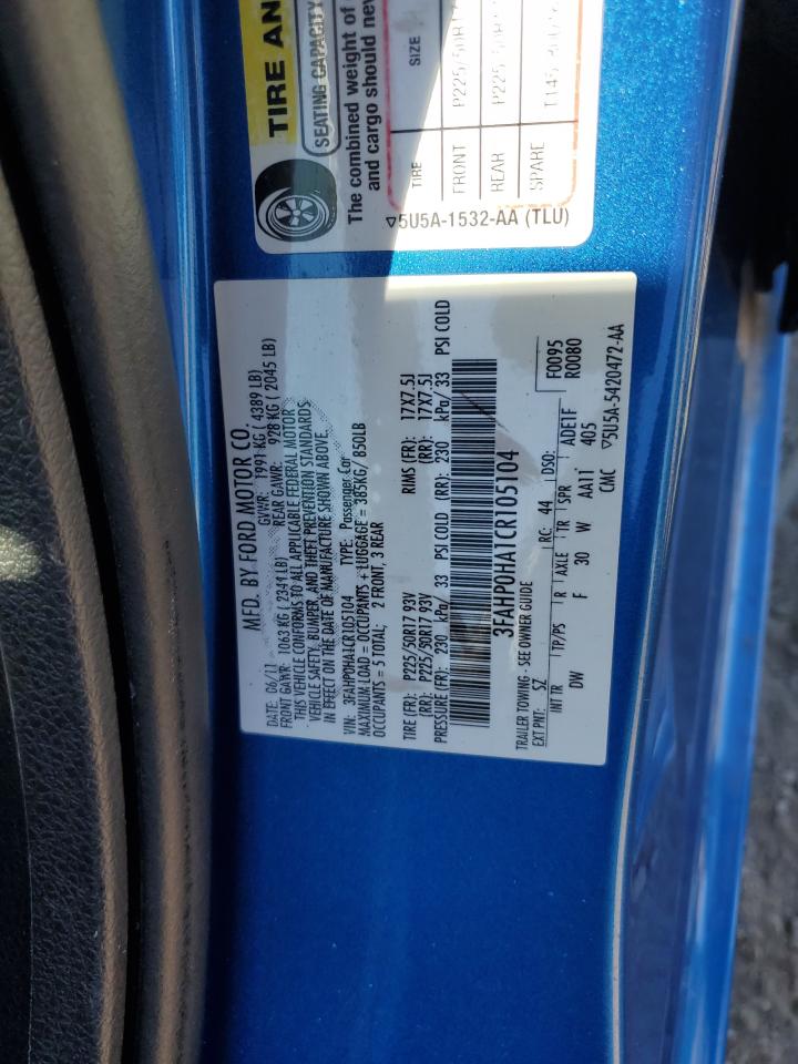 2012 Ford Fusion Se VIN: 3FAHP0HA1CR105104 Lot: 84860365