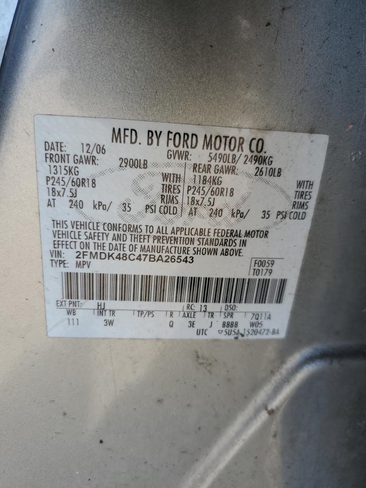 2007 Ford Edge Sel VIN: 2FMDK48C47BA26543 Lot: 84429785