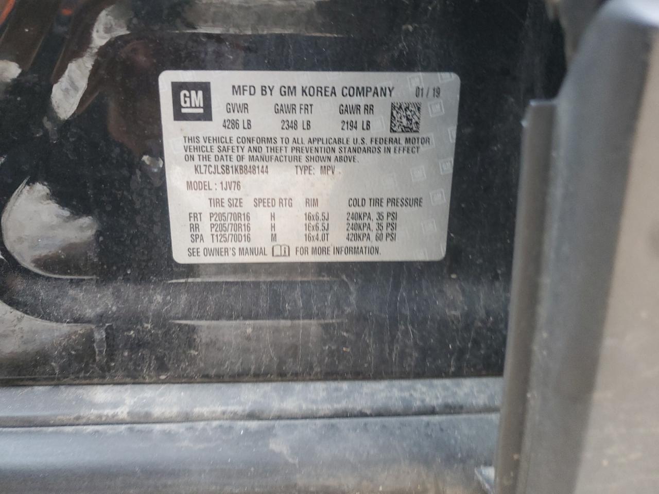 2019 Chevrolet Trax 1Lt VIN: KL7CJLSB1KB848144 Lot: 82423715