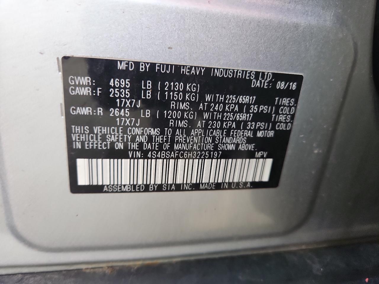 2017 Subaru Outback 2.5I Premium VIN: 4S4BSAFC6H3225197 Lot: 84820175