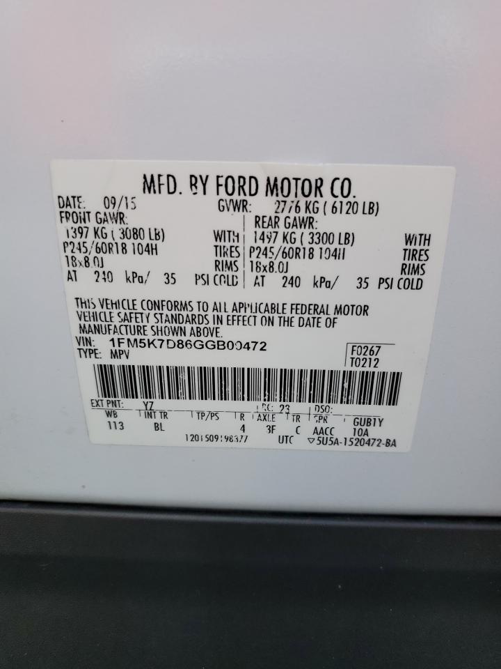 2016 Ford Explorer Xlt VIN: 1FM5K7D86GGB09472 Lot: 85175765