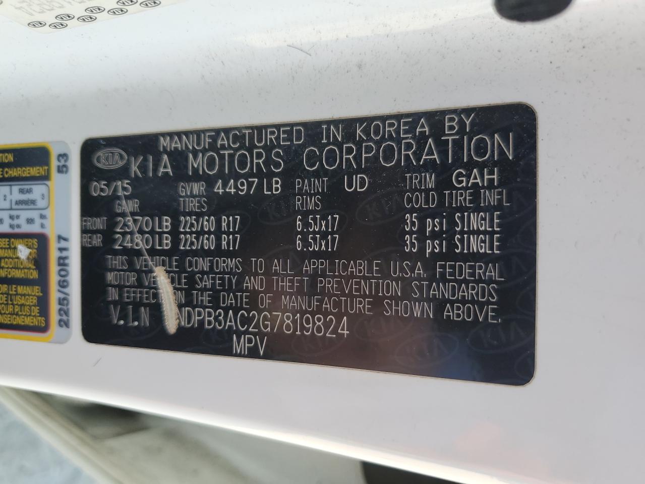2016 Kia Sportage Lx VIN: KNDPB3AC2G7819824 Lot: 86763445