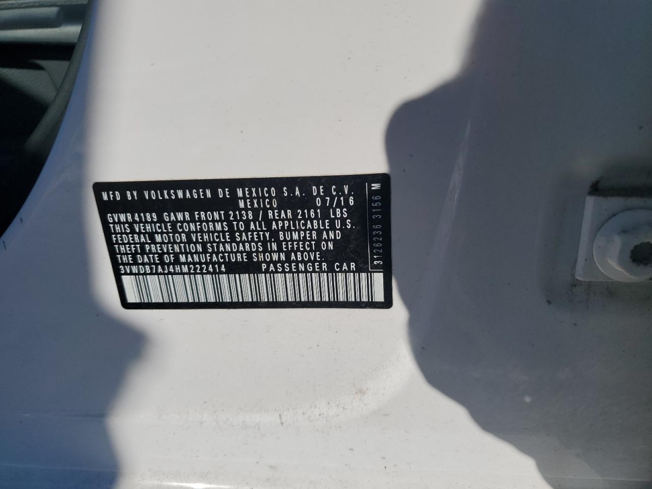 2017 Volkswagen Jetta Se VIN: 3VWDB7AJ4HM222414 Lot: 84916065