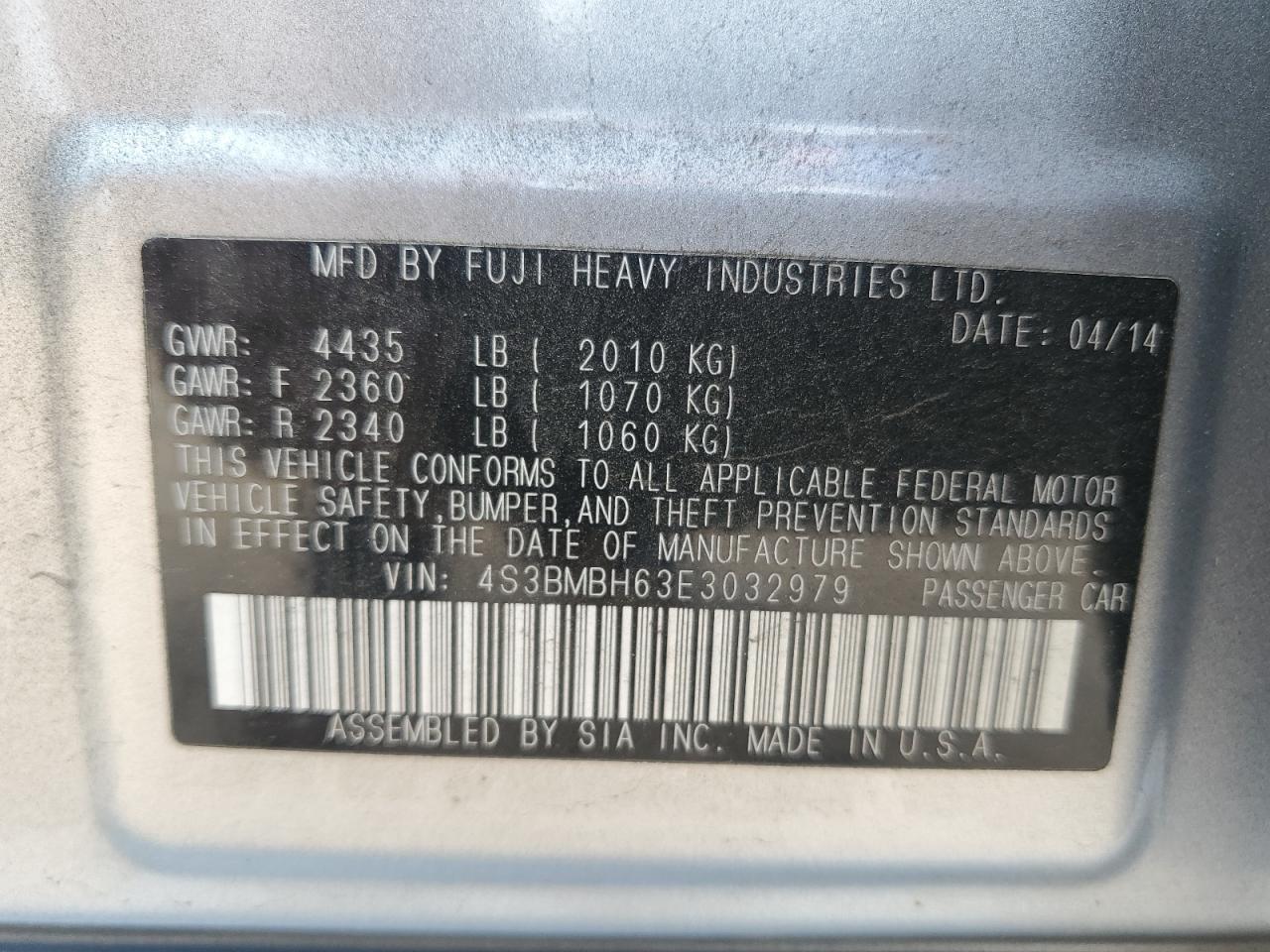 2014 Subaru Legacy 2.5I Sport VIN: 4S3BMBH63E3032979 Lot: 82431935