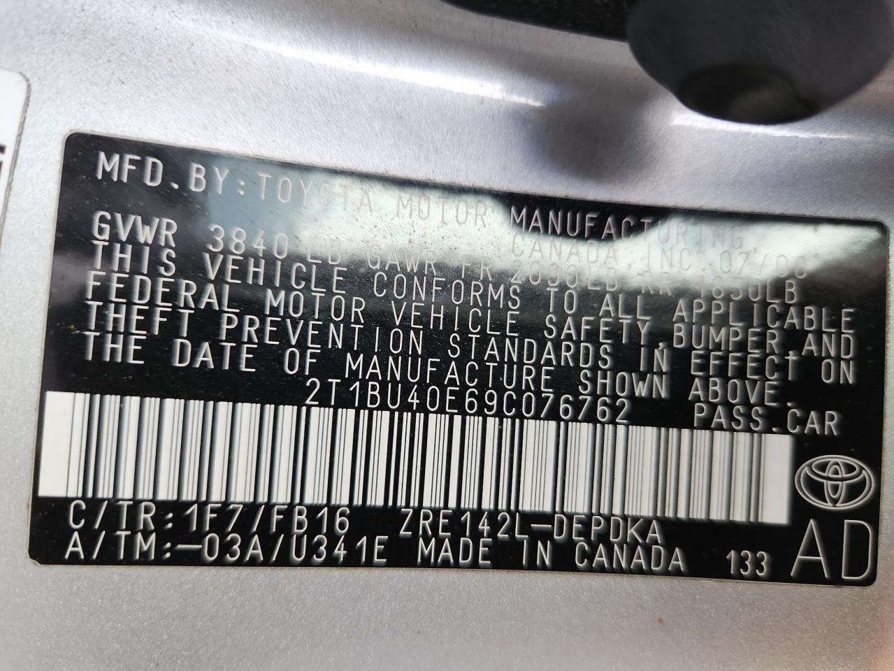 2009 Toyota Corolla Base VIN: 2T1BU40E69C076762 Lot: 82346425