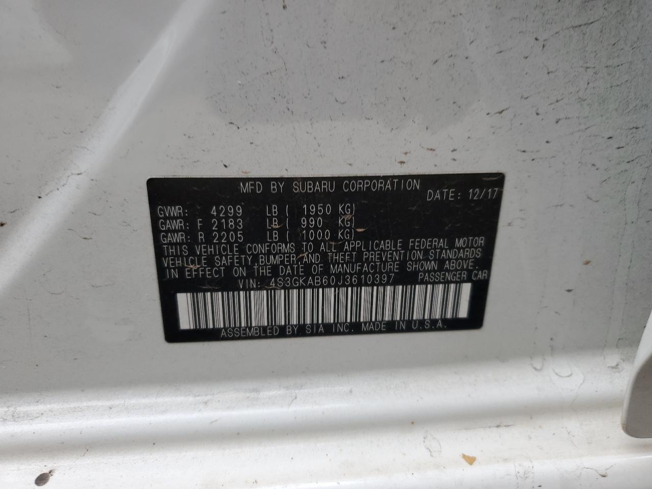 2018 Subaru Impreza Premium VIN: 4S3GKAB60J3610397 Lot: 86334495