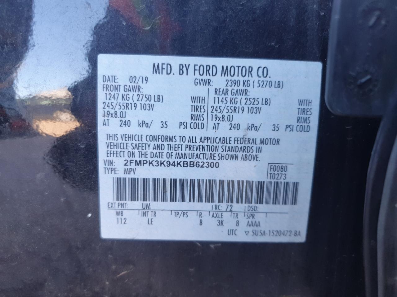 2019 Ford Edge Titanium VIN: 2FMPK3K94KBB62300 Lot: 90494615