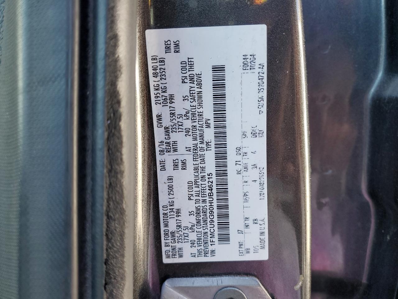 2017 Ford Escape Se VIN: 1FMCU9G90HUB46215 Lot: 82582905