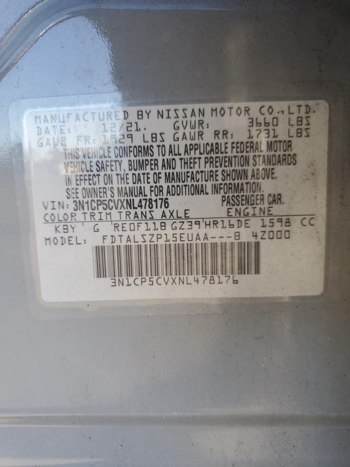 2022 Nissan Kicks Sv VIN: 3N1CP5CVXNL478176 Lot: 85839085