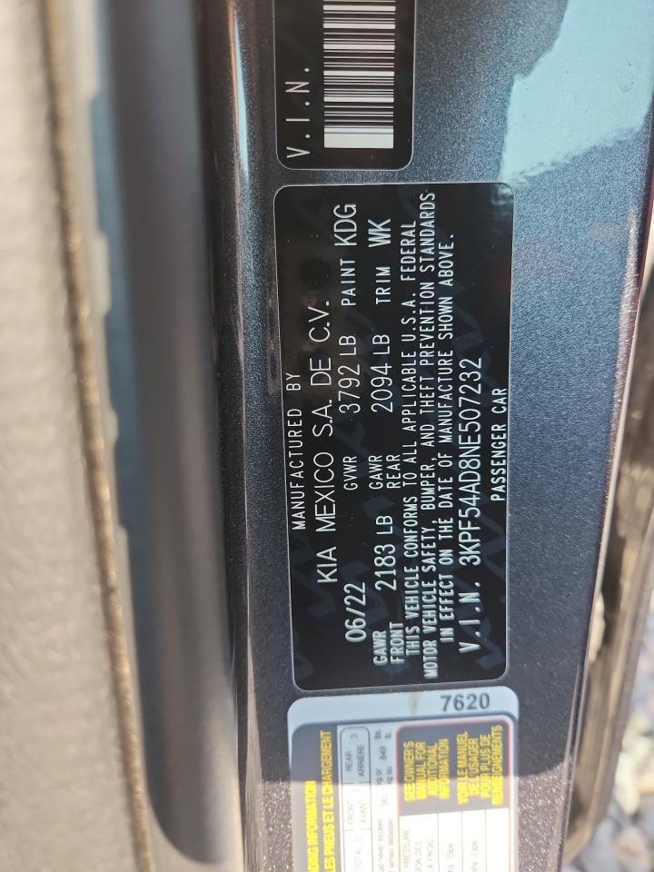 2022 Kia Forte Gt Line VIN: 3KPF54AD8NE507232 Lot: 87048915