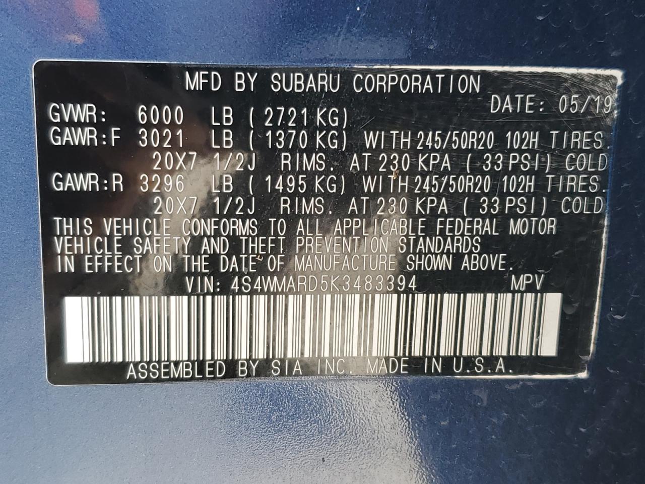 2019 Subaru Ascent Touring VIN: 4S4WMARD5K3483394 Lot: 85154055