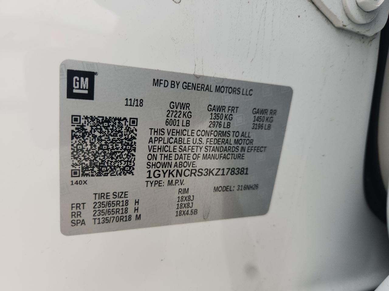 2019 Cadillac Xt5 Luxury VIN: 1GYKNCRS3KZ178381 Lot: 89883425