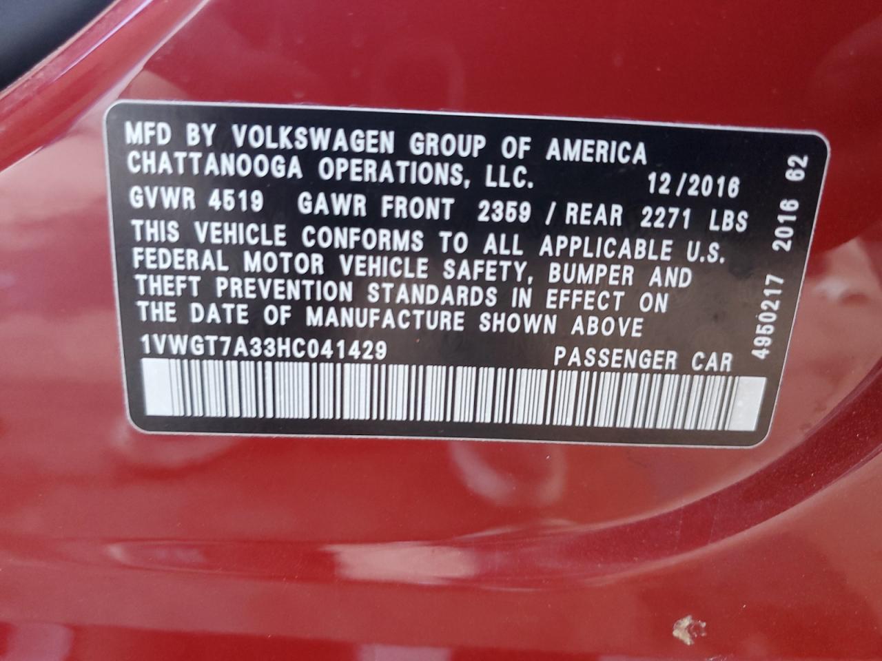 2017 Volkswagen Passat Se VIN: 1VWGT7A33HC041429 Lot: 84779855