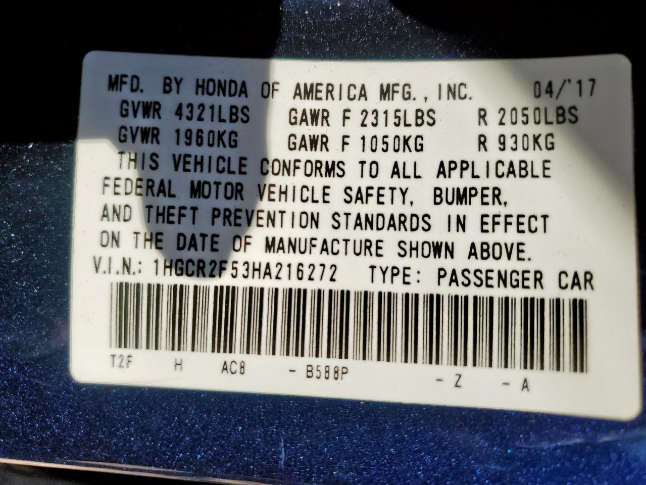 2017 Honda Accord Sport VIN: 1HGCR2F53HA216272 Lot: 82296615