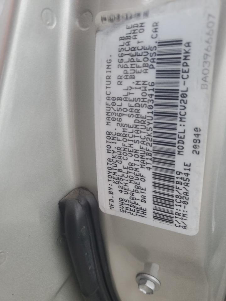 2000 Toyota Camry Le VIN: 4T1BF22K5YU103416 Lot: 90099845