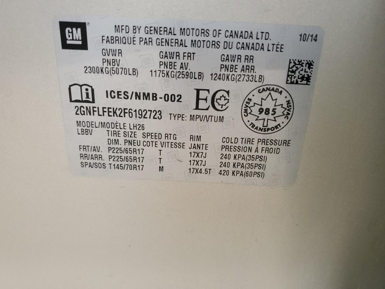 2015 Chevrolet Equinox Lt VIN: 2GNFLFEK2F6192723 Lot: 91122155