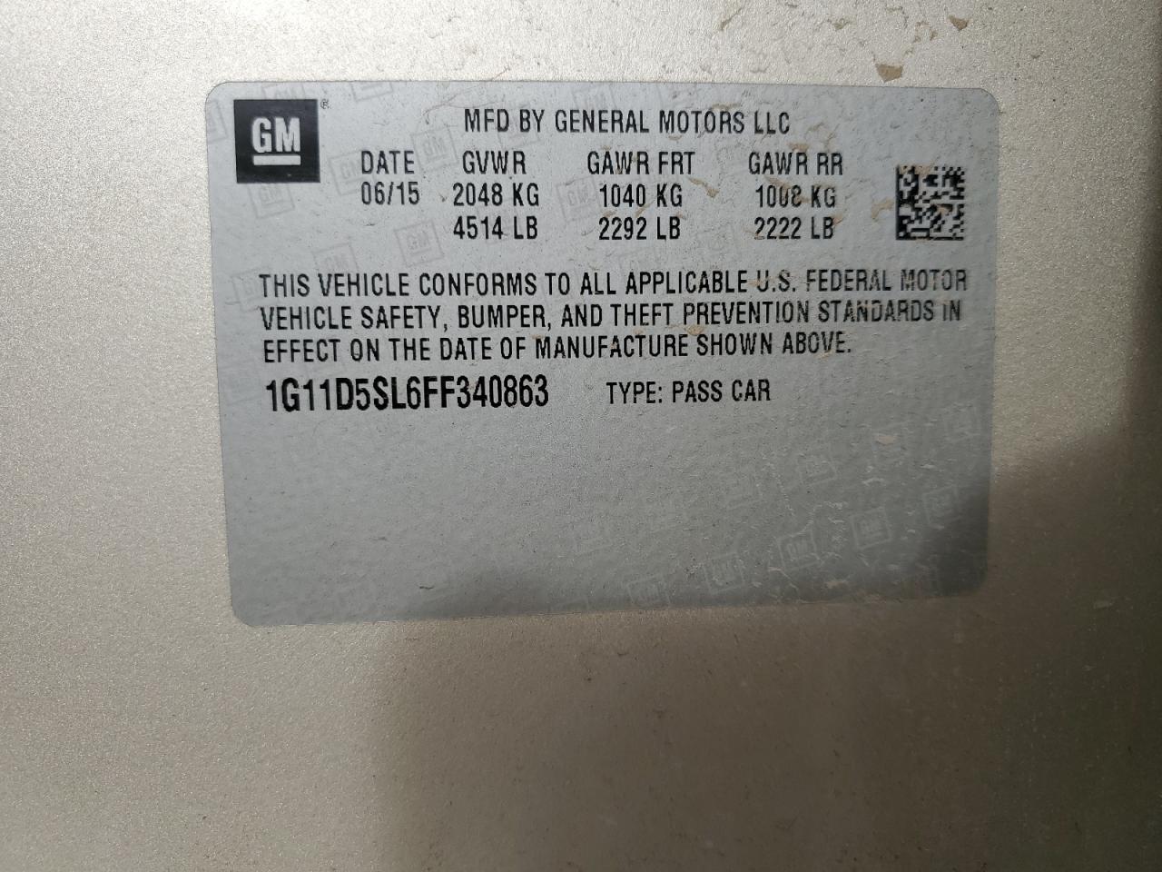 2015 Chevrolet Malibu 2Lt VIN: 1G11D5SL6FF340863 Lot: 84864975
