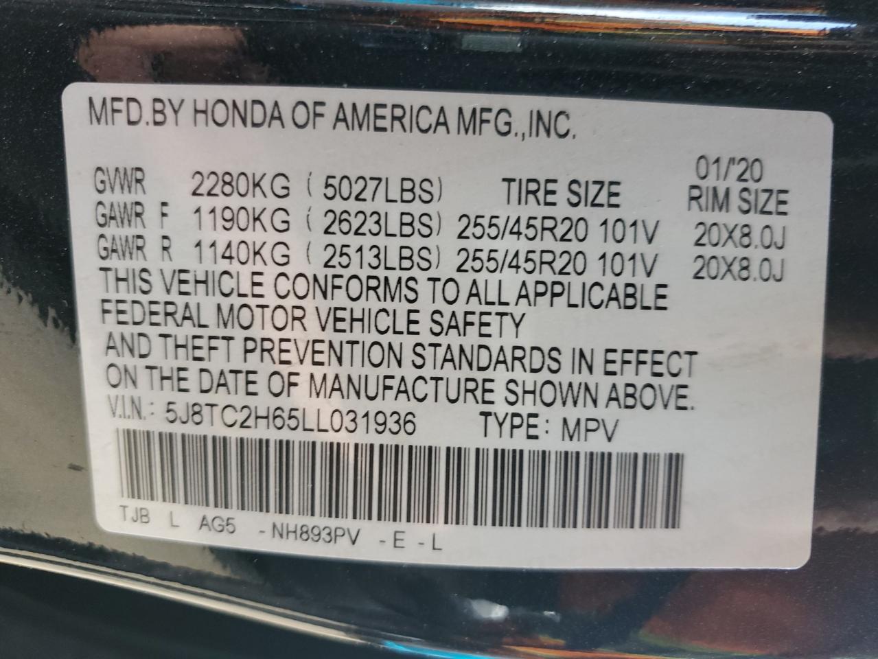 2020 Acura Rdx A-Spec VIN: 5J8TC2H65LL031936 Lot: 87210475