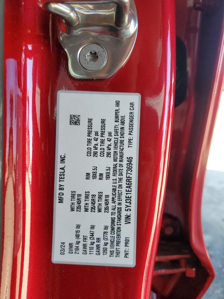 2024 Tesla Model 3 VIN: 5YJ3E1EA6RF736946 Lot: 89809675