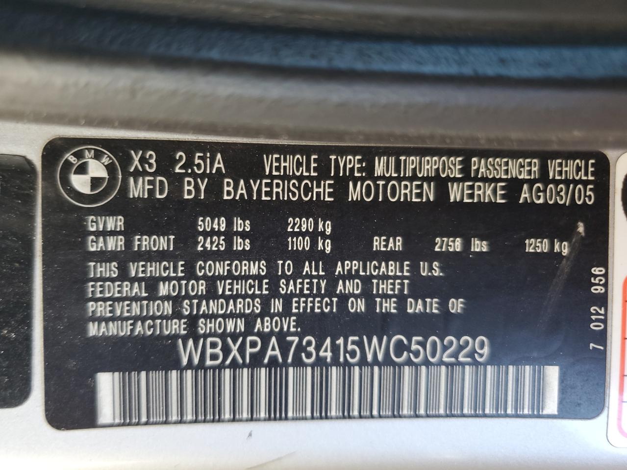 2005 BMW X3 2.5I VIN: WBXPA73415WC50229 Lot: 82274235