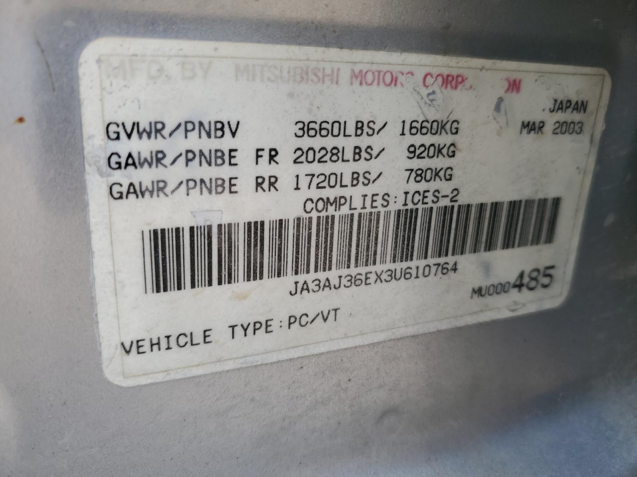 2003 Mitsubishi Lancer Ls VIN: JA3AJ36EX3U610764 Lot: 85127505