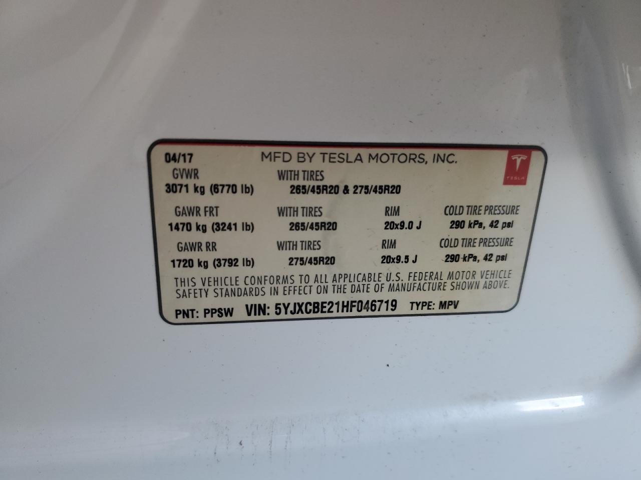 2017 Tesla Model X VIN: 5YJXCBE21HF046719 Lot: 87182875