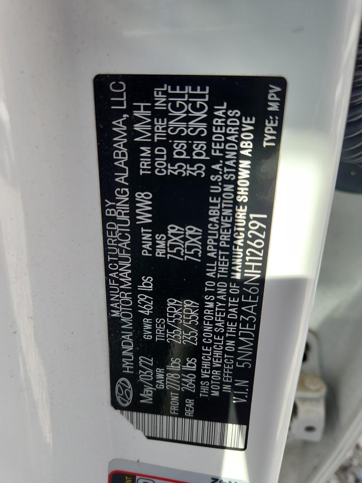 2022 Hyundai Tucson Limited VIN: 5NMJE3AE6NH126291 Lot: 84418425