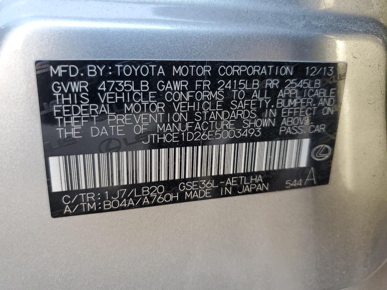 2014 Lexus Is 350 VIN: JTHCE1D26E5003493 Lot: 81998875