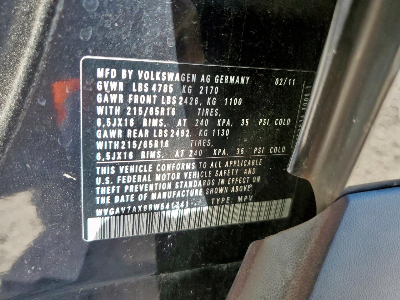 2011 Volkswagen Tiguan S VIN: WVGAV7AX8BW541741 Lot: 86307715