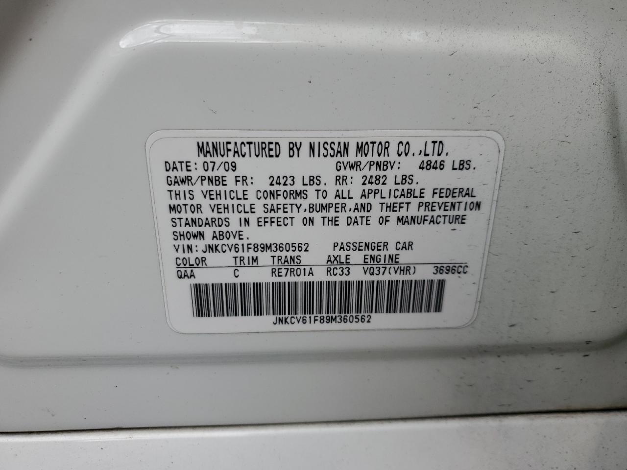 2009 Infiniti G37 VIN: JNKCV61F89M360562 Lot: 89704465