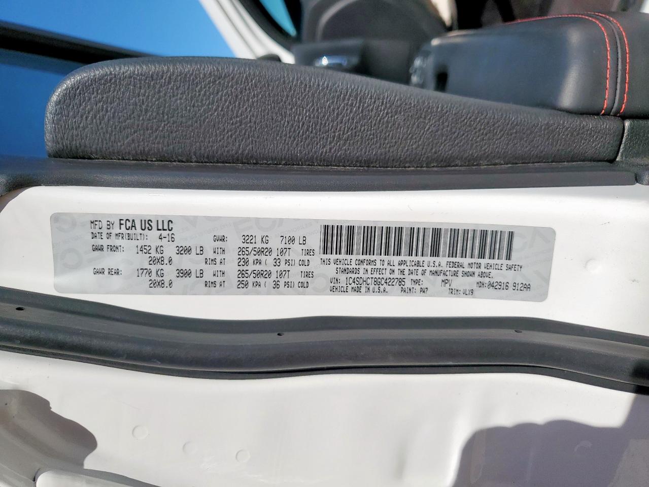 2016 Dodge Durango R/T VIN: 1C4SDHCT8GC422785 Lot: 90979975