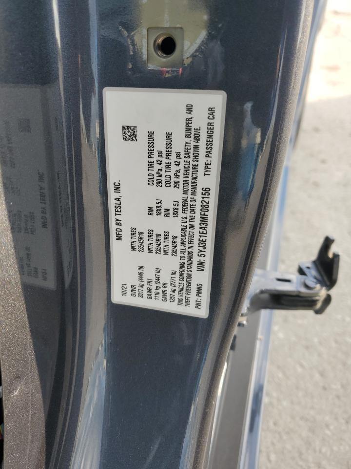 2021 Tesla Model 3 VIN: 5YJ3E1EA3MF082156 Lot: 82737065